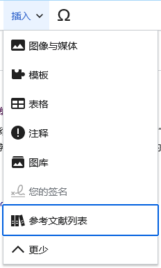 “插入”菜单,聚焦于“参考资料列表”选项