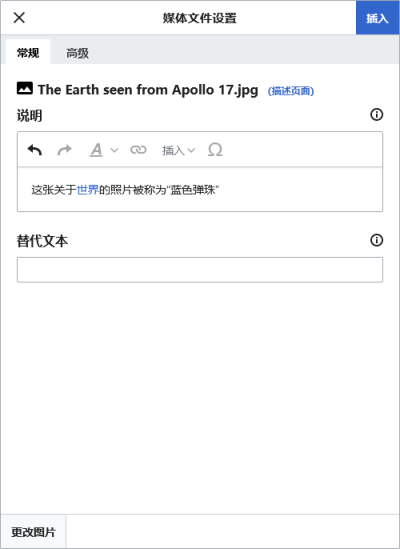可视化编辑器中插入文件的常规设置