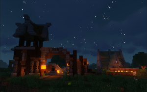 夜晚的雪樱西风光。图中可以看到失落之门及探索者木屋。